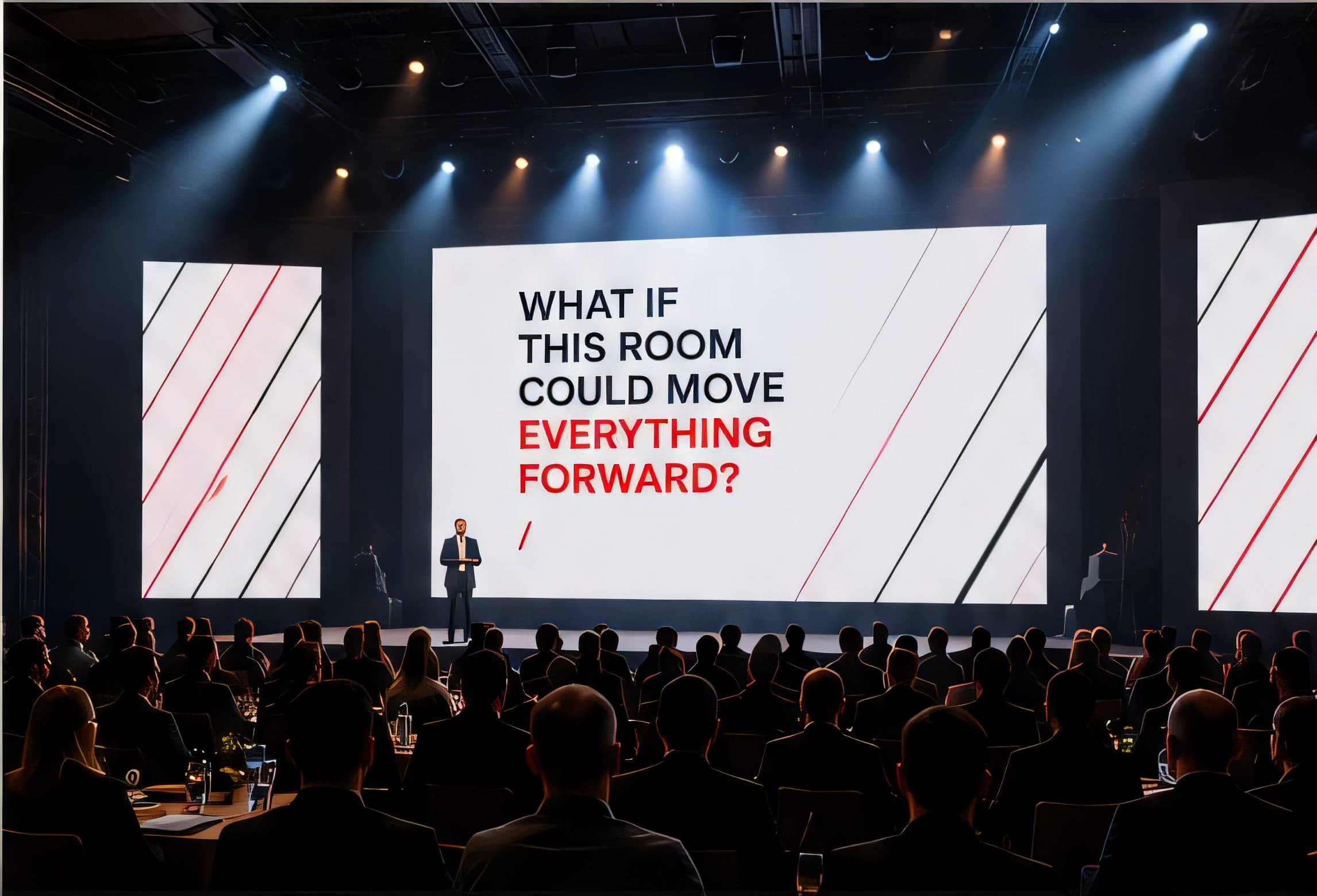 A keynote stage asking: what if this room could move everything forward?