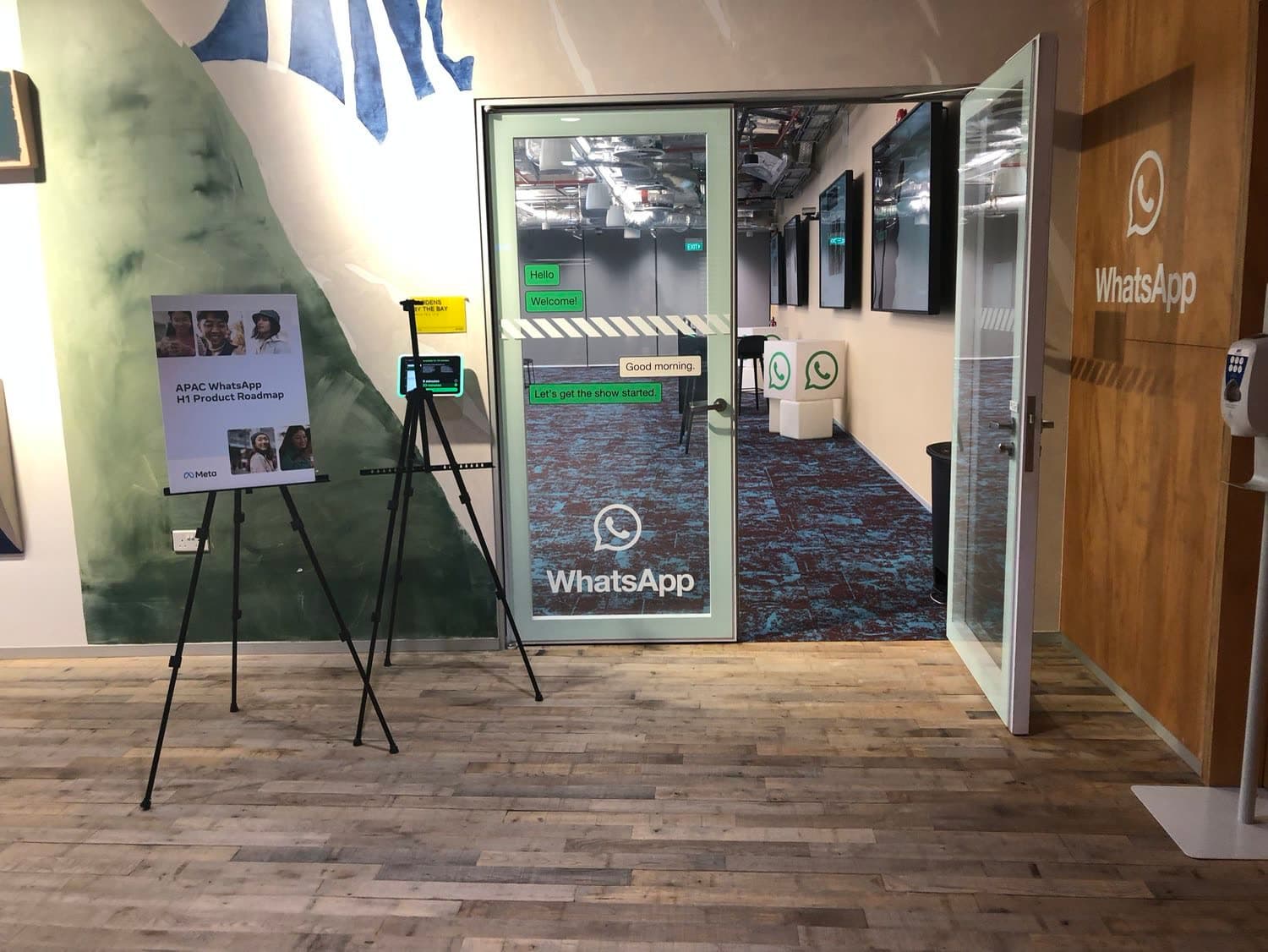 Branding placed intentionally around the Meta HQ event space.